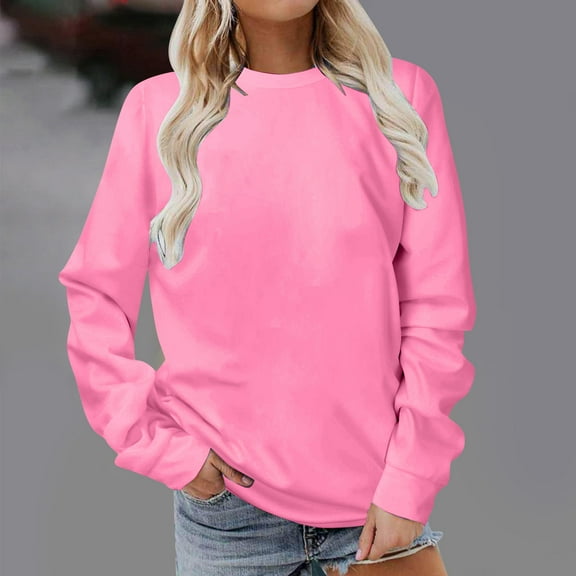 Fartey Sweatshirt for Women Simple Fall Solid Color Pullover Tops Slim Fit Daily Shirts Casual Loose Long Sleeve Round Neck Sweatshirts Pink XL