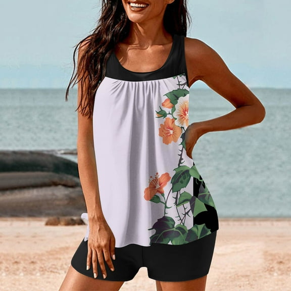 Fartey Tankini Swimsuits for Women 2025 Floral Print Bathing Suit Two Piece Modest Swim Suit Swim Tops with Boyshorts Loose Breathable Beach Vacation Swimwear Multicolor S-2XL