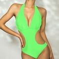 thumbnail image 1 of Fartey Tummy Control One Piece Swimsuit for Women Fashion Elegant Halter Deep V Neck Bathing Suit Solid Color Cutout Swimsuits Casual Summer Beach Swimwear Green S-XL, 1 of 6