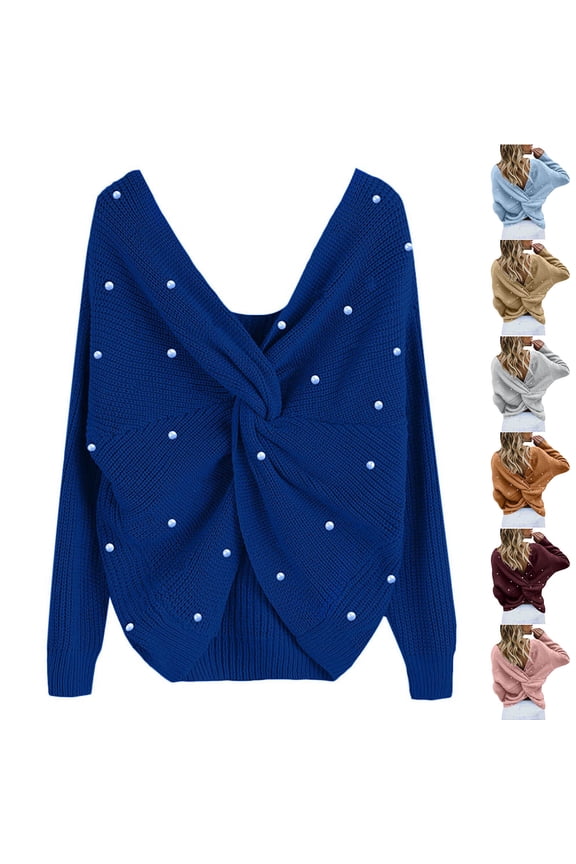Twisted Back Sweaters for Women Trendy V Neck Criss Cross Backless Sweater with Beading Loose Fit Long Batwing Sleeve Knitted Pullover Sweater Blue M