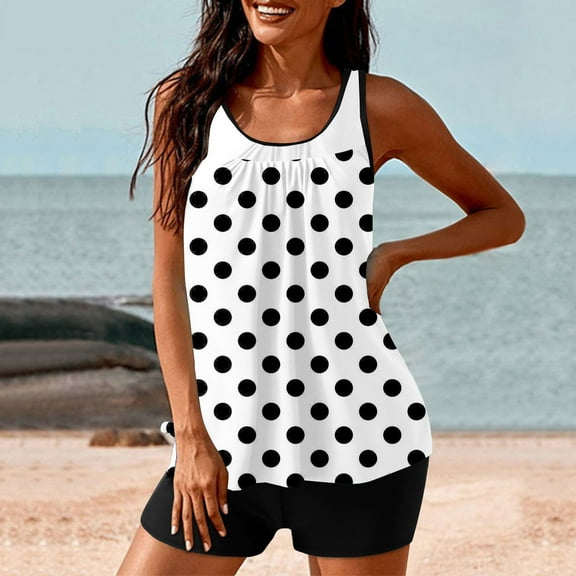 Fartey Two Piece Tankini Swimsuits for Women 2025 Summer Casual Bathing Suit Polka Dot Tankini Swimsuit with Bottoms Loose Breathable Beach Vacation Swimwear White S-2XL