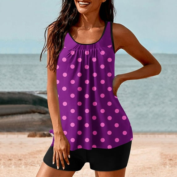 Fartey Two Piece Tankini Swimsuits for Women 2025 Summer Casual Bathing Suit Polka Dot Tankini Swimsuit with Bottoms Loose Breathable Beach Vacation Swimwear Purple S-2XL