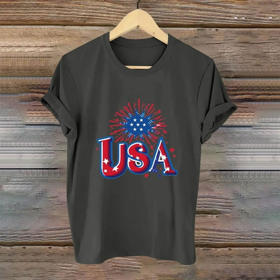Fartey USA Flag Shirt for Women 4th of July Patriotic T Shirts Independence Day Graphic Tees Summer Short Sleeve Crew Neck Tshirts Dressy Casual Party Tops Gray S