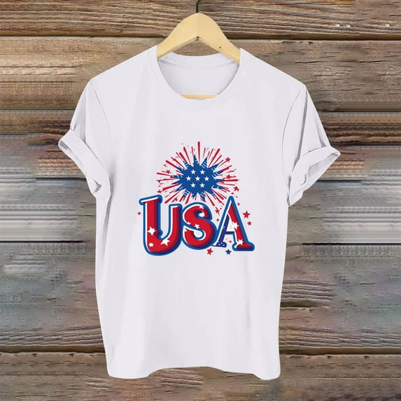 Fartey USA Flag Shirt for Women 4th of July Patriotic T Shirts Independence Day Graphic Tees Summer Short Sleeve Crew Neck Tshirts Dressy Casual Party Tops White L