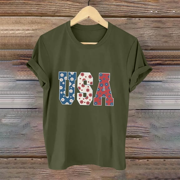 Fartey USA Flag Tee Shirt for Women 4th of July Memorial Day Gift T Shirts Casual Loose Short Sleeve Crew Neck Tops Trendy Graphic Tees Independence Day Patriotic Blouses Army Green L