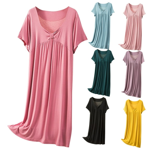 Fartey V Neck Nightgown for Women Loose Casual Pleated Front Nightdress Soft Comfy Short Sleeve Sleep Dress Solid Color Loungewear Black XL