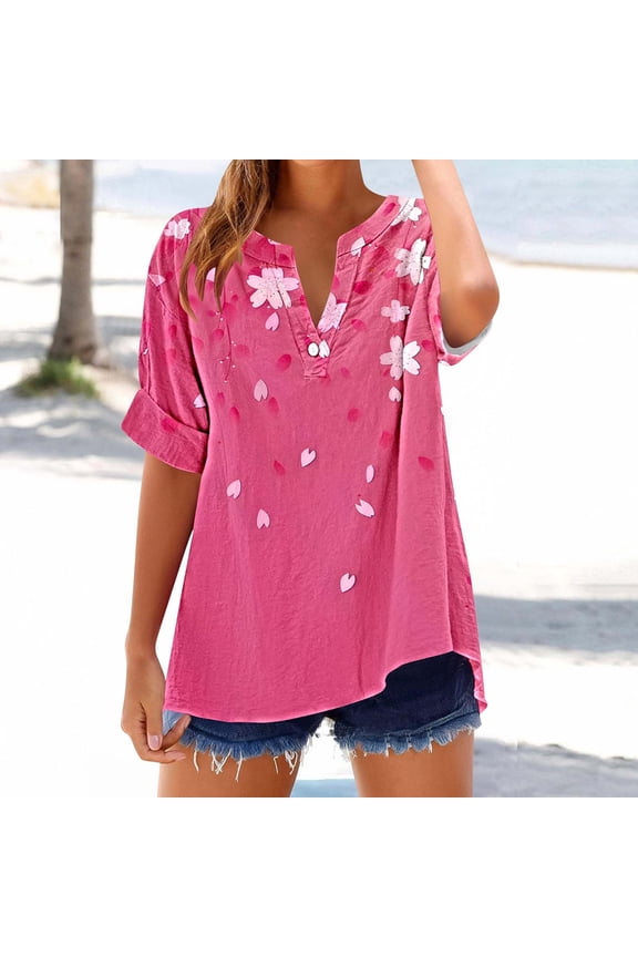 V Neck Shirts for Women 2025 Summer Cotton Linen Short Sleeve Tunic Tops with Button Retro Flowers Print Tshirts Lightweight Breathable Beach Casual Blouses Multicolor M