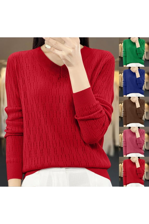 V Neck Sweaters for Women Trendy Solid Color Textured Sweater Slim Fit Long Sleeve Knitted Pullover Sweaters Dressy Casual Work Jumper Tops Red 2XL