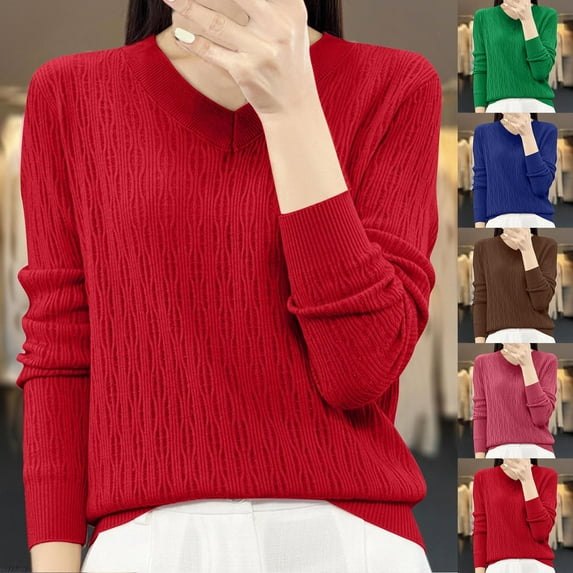 Fartey V Neck Sweaters for Women Trendy Solid Color Textured Sweater Slim Fit Long Sleeve Knitted Pullover Sweaters Dressy Casual Work Jumper Tops Red L