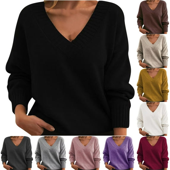Fartey V Neck Sweaters for Women Oversized Solid Color Long Sleeve Knitted Pullover Tops Loose FIt Fall Winter Warm Sweater Wine M