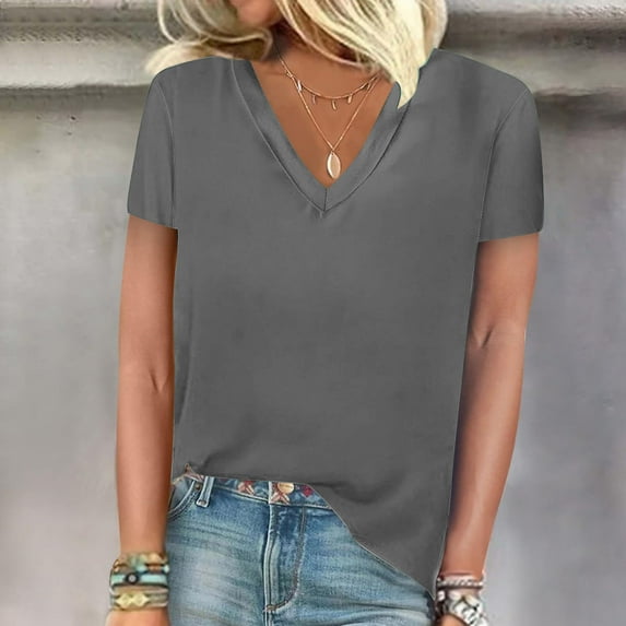 Fartey V Neck T Shirts for Women Summer Casual Short Sleeve Shirts Basic Solid Color Tops Lightweight Soft Work Blouses 2025 Dark Gray L