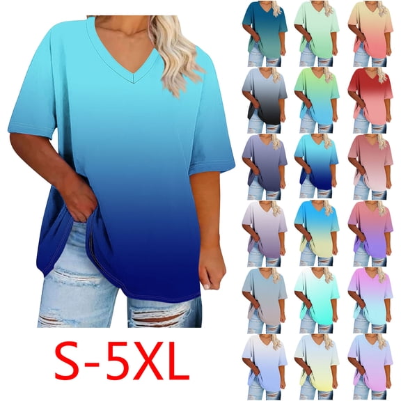 Fartey V Neck T Shirts for Women Trendy Floral Print Summer Tops Loose Fit Short Sleeve Tees Casual Comfy Daily Blouses 2025 Purple S-2XL