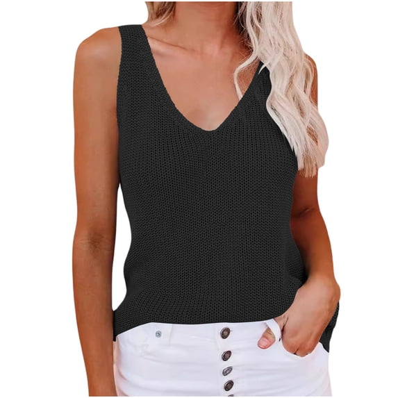 Fartey V Neck Tank Tops for Women Loose Fit Hollow Out Crochet Knitted Cami Top Casual Summer Sleeveless Shirts Breathable Solid Color Vests Black M