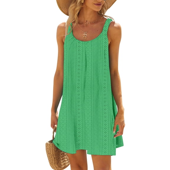 Fartey Summer Dresses for Women 2025 Eyelet Casual Loose Sleeveless Sundress Solid Color Tank Dress Scoop Neck Vacation Sundresses Green XXL