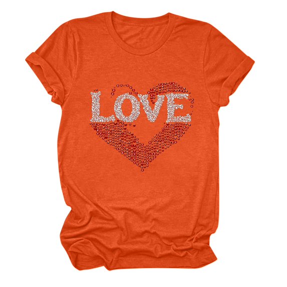 Fartey Valentine's Day Blouses for Women Funny Heart Letter Graphic Tees Loose Comfy Short Sleeve Casual T Shirts Soft Crew Neck Holiday Tops Orange S-3XL