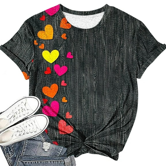 Fartey Valentine's Day Shirts for Women Trendy Love Heart Graphic Tees Retro Valentines Crew Neck T Shirts Loose Soft Short Sleeve Holiday Tops Multicolor S-3XL