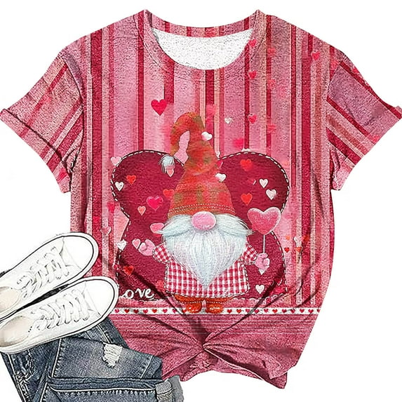 Fartey Valentine's Day T Shirts for Women Trendy Gnomes Print Tee Shirt Fashion Cute Heart Printed Tees Dressy Casual Short Sleeve Blouses Soft Comfy Crew Neck Tops Multicolor S-3XL