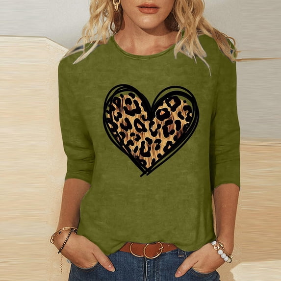 Fartey Valentines Day Shirts for Women Summer Crewneck 3/4 Length Sleeve Tops Fashion Cute Love Heart Graphic Tees Dressy Casual Tunic Blouses Army Green L