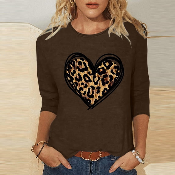 Fartey Valentines Day Shirts for Women Summer Crewneck 3/4 Length Sleeve Tops Fashion Cute Love Heart Graphic Tees Dressy Casual Tunic Blouses Brown L