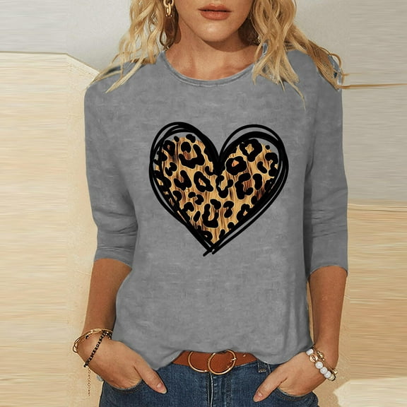 Fartey Valentines Day Shirts for Women Summer Crewneck 3/4 Length Sleeve Tops Fashion Cute Love Heart Graphic Tees Dressy Casual Tunic Blouses Gray 2XL
