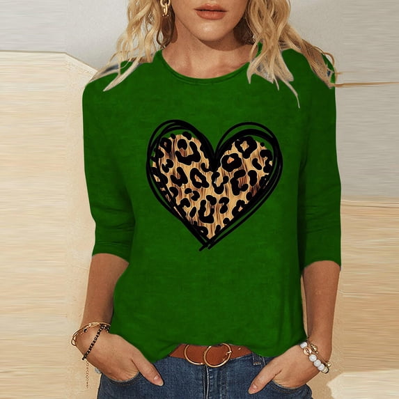 Fartey Valentines Day Shirts for Women Summer Crewneck 3/4 Length Sleeve Tops Fashion Cute Love Heart Graphic Tees Dressy Casual Tunic Blouses Green 3XL