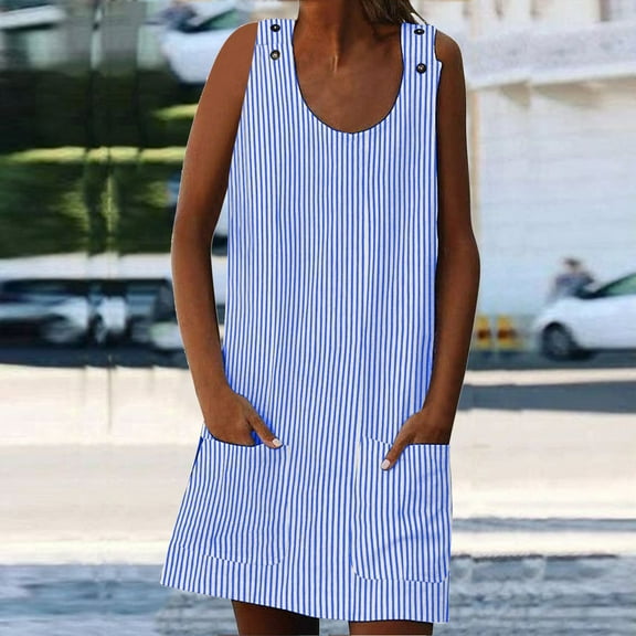 Fartey Vertical Stripe Dresses for Women Sleeveless Tank Dress with Pockets Summer Scoop Neck Button Mini Dress Loose Casual Short Beach Sundress Blue XL