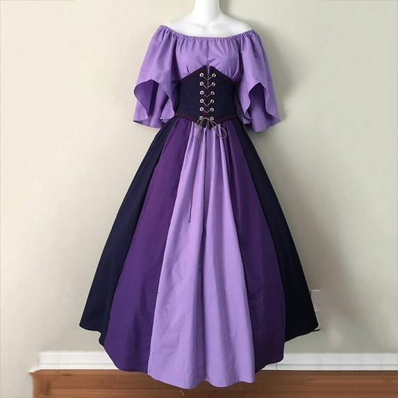 Fartey Victorian Dress for Women Plus SIze Medieval Renaissance Dress Ruffle Short Sleeve Pleated Dress Vintage Gothic Maxi Dress with Corset Purple 5XL