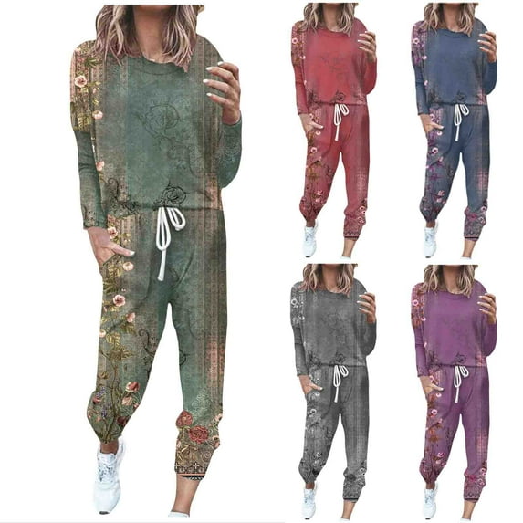 Fartey Vintage 2 Piece Lounge Sets for Women 2025 Floral Print Two Piece Outfits Jogger Set Plus Size Long Sleeve Sweatshirts and Drawstring Jogger Sweatpants Sweatsuit,3XL