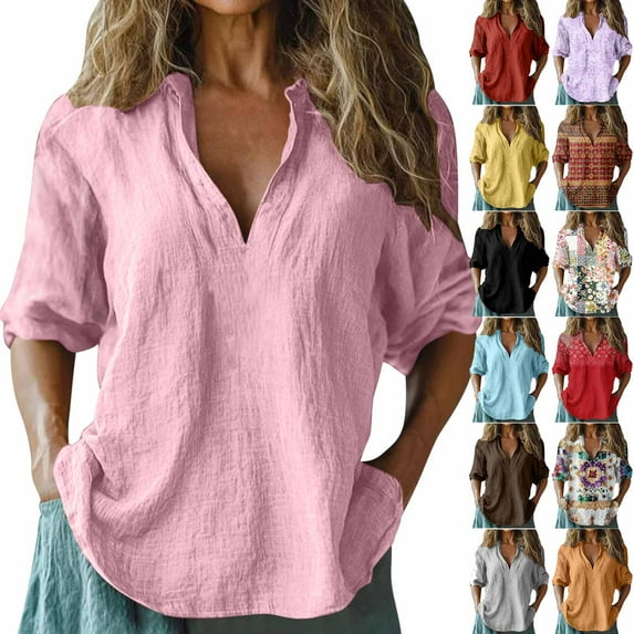 Fartey Vintage Cotton Linen Shirts for Women Casual Summer 3/4 Sleeve V Neck Tops Boho Floral Print Shirt Loose Lightweight Beach Vacation Blouses Multicolor M