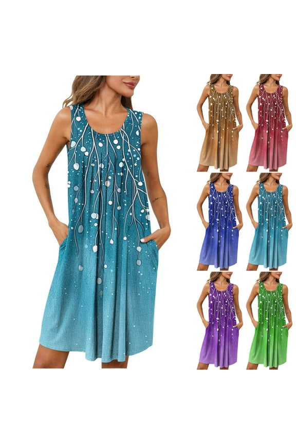 Vintage Floral Print Nightgown for Women Casual Soft Crew Neck Sleeveless Sleepdress Loose Flowy Front Pleated Nightdress with Pockets Light Blue 2XL