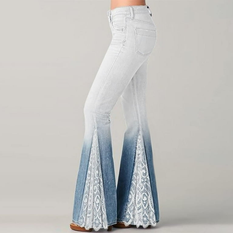 Fartey Vintage Lace Patchwork Flare Denim Pants Bell Bottom Jeans