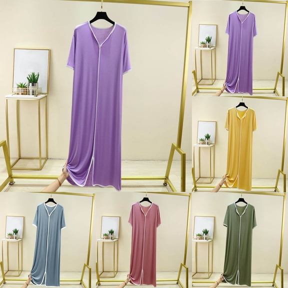 Fartey Vintage Nightgown for Women Soft Comfy V Neck Short Sleeve Sleepshirts Loose Casual Solid Color Daily Sleepwear Nightdress Blue XL