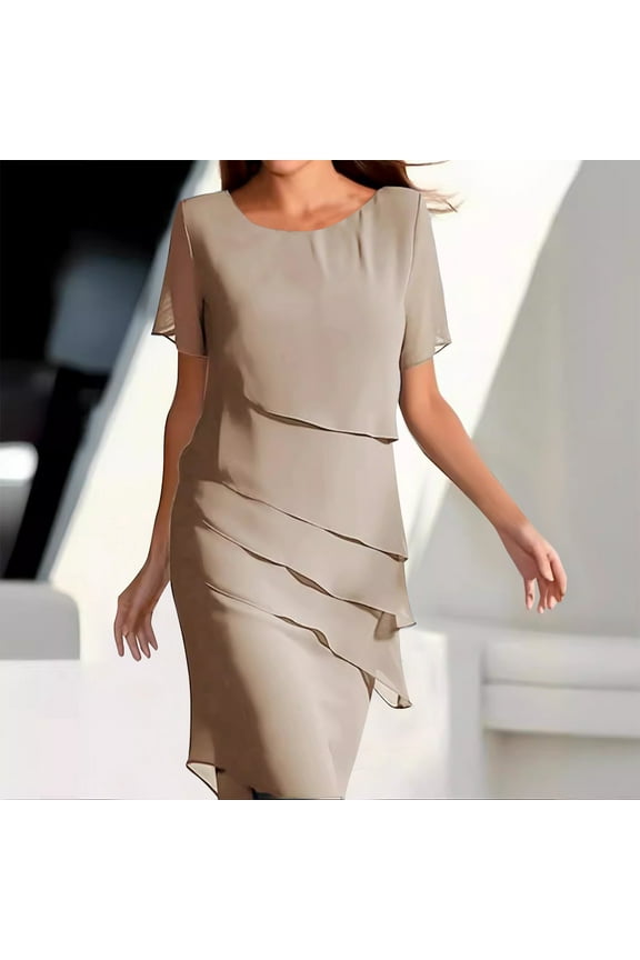 Wedding Guest Dress for Women Summer Flowy Chiffon Layered Cocktail Party Dress Elegant Solid Color Short Sleeve Evening Dresses Beige S-3XL