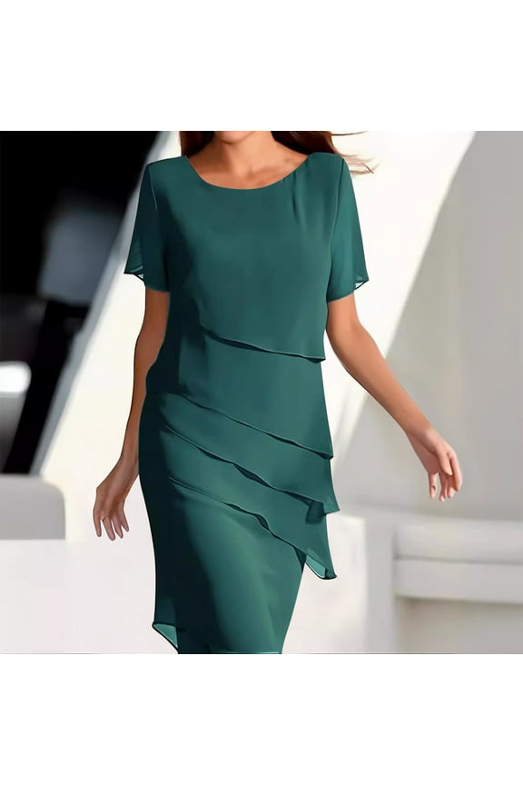 Wedding Guest Dress for Women Summer Flowy Chiffon Layered Cocktail Party Dress Elegant Solid Color Short Sleeve Evening Dresses Green S-3XL