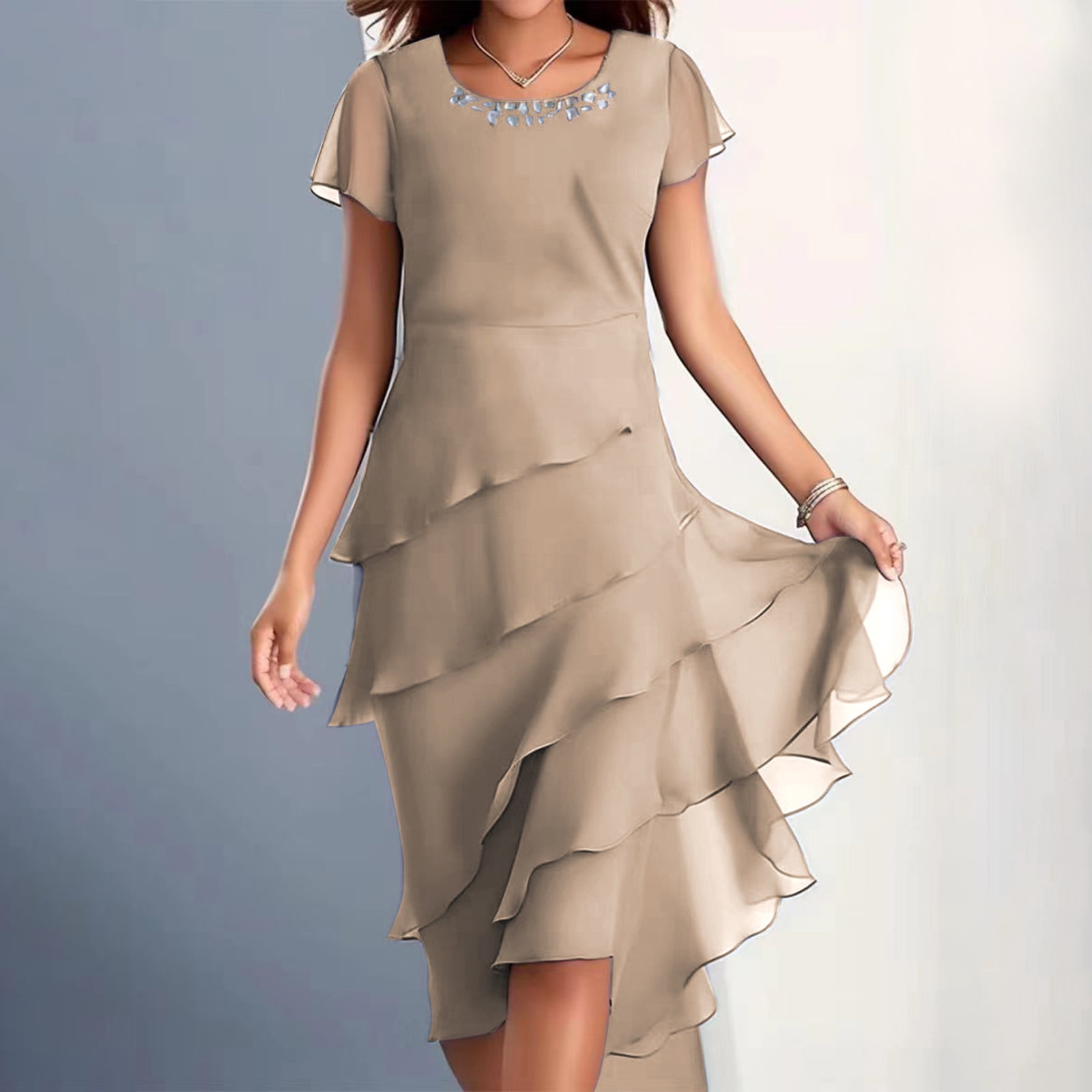 Fartey Wedding Guests Dresses for Women Loose Flowy Layered Chiffon Midi  Dress Summer Elegant Short Sleeve Knee Length Cocktail Dresses Khaki S-3XL  - Walmart.com, image size:1600x1600