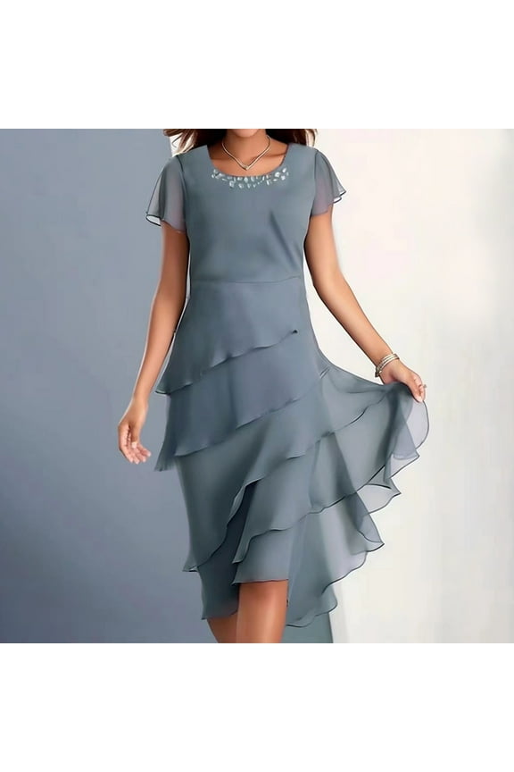 Wedding Guests Dresses for Women Loose Flowy Layered Chiffon Midi Dress Summer Elegant Short Sleeve Knee Length Cocktail Dresses Navy S-3XL