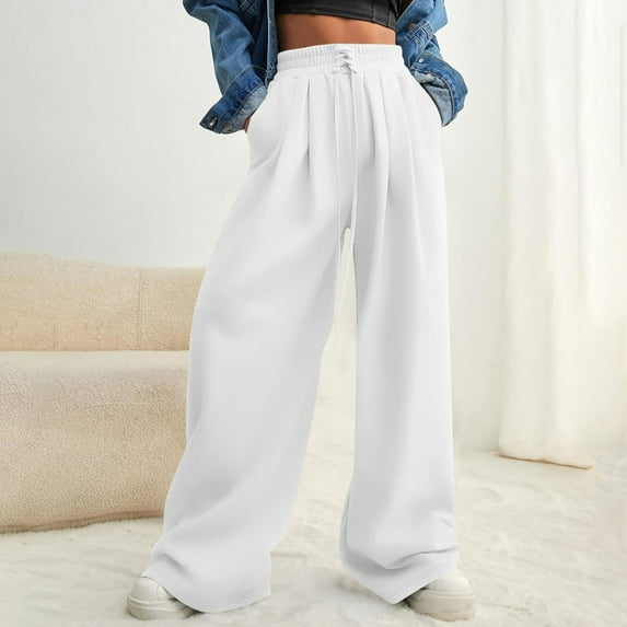Fartey Wide Leg Sweatpants for Women 2025 Trendy High Waisted Drawstring Jogger Pants with Pockets Loose Casual Solid Color Fleece Sweatpant White 2XL