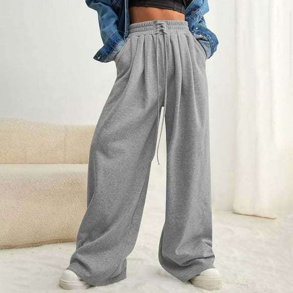 Fartey Wide Leg Sweatpants for Women 2025 Trendy High Waisted Drawstring Jogger Pants with Pockets Loose Casual Solid Color Fleece Sweatpant Gray S