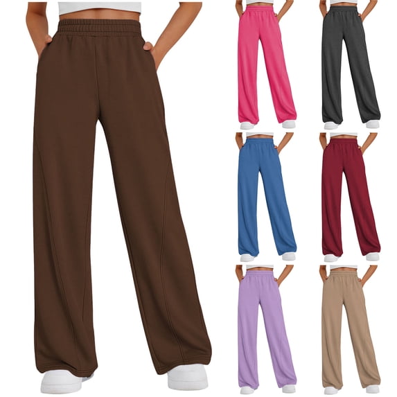 Fartey Wide Leg Sweatpants for Women Elastic High Waist Baggy Sweatpant Fleece Lined Lounge Pant Solid Color Joggers Pants with Pockets Brown M