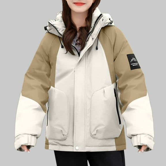 Fartey Winter Coat for Women Loose Casual Windproof Warm Hooded Jackets Trendy Patchwork Puffer Padded Coats Outdoor Full Zip Long Sleeve Rain Coats with Pockets