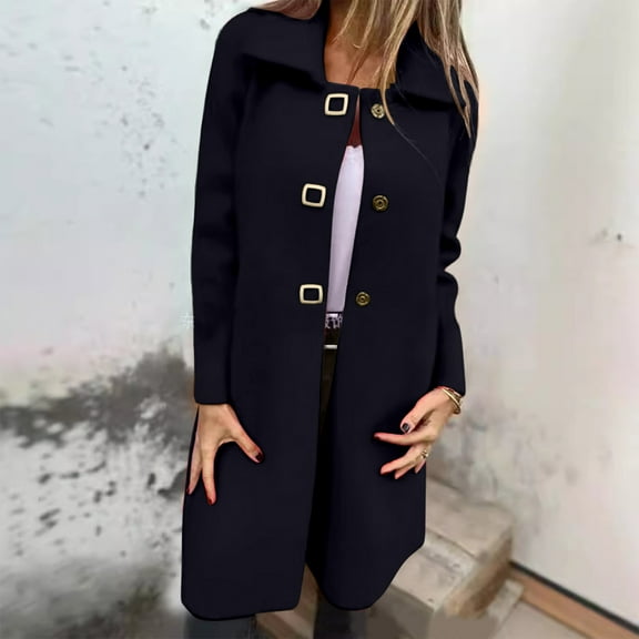 Fartey Winter Coat for Women Plus Size Elegant Lapel Collar Single-Breasted Woolen Coats Loose Casual Long Jackets Fashion Solid Color Long Sleeve Overcoat Outerwear