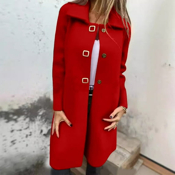 Fartey Winter Coat for Women Plus Size Elegant Lapel Collar Single-Breasted Woolen Coats Loose Casual Long Jackets Fashion Solid Color Long Sleeve Overcoat Outerwear