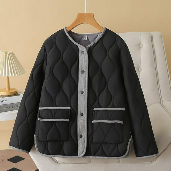 Fartey Winter Coat for Women Plus Size Lightweight Quilted Jacket Loose Casual Long Sleeve Crew Neck Button Up Padded Coats Fashion Colorblock Outwear with Pockets