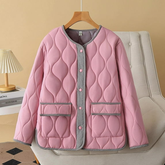 Fartey Winter Coat for Women Plus Size Lightweight Quilted Jacket Loose Casual Long Sleeve Crew Neck Button Up Padded Coats Fashion Colorblock Outwear with Pockets