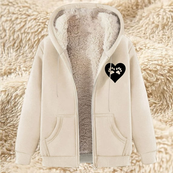 Fartey Winter Coats for Women Fleece Lined Hoodie Jackets Sherpa Full Zip Warm Coat Cute Heart Print Jacket Fall Winter Long Sleeve Outerwear with Pockets