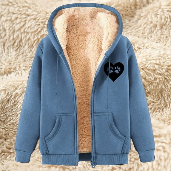 Fartey Winter Coats for Women Fleece Lined Hoodie Jackets Sherpa Full Zip Warm Coat Cute Heart Print Jacket Fall Winter Long Sleeve Outerwear with Pockets