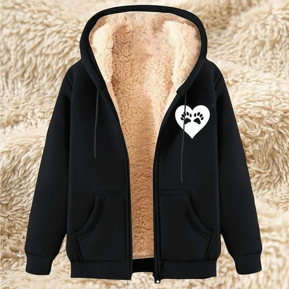 Fartey Winter Coats for Women Fleece Lined Hoodie Jackets Sherpa Full Zip Warm Coat Cute Heart Print Jacket Fall Winter Long Sleeve Outerwear with Pockets