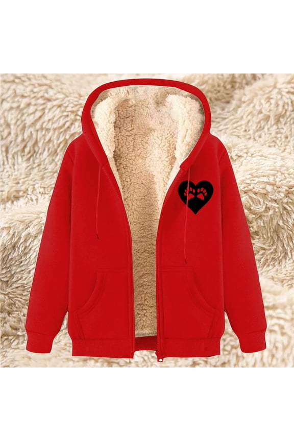 Winter Coats for Women Fleece Lined Hoodie Jackets Sherpa Full Zip Warm Coat Cute Heart Print Jacket Fall Winter Long Sleeve Outerwear with Pockets