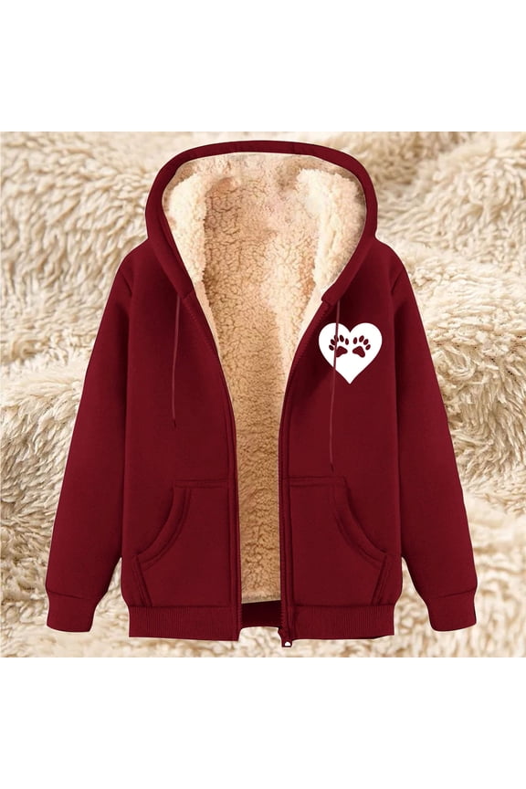 Winter Coats for Women Fleece Lined Hoodie Jackets Sherpa Full Zip Warm Coat Cute Heart Print Jacket Fall Winter Long Sleeve Outerwear with Pockets