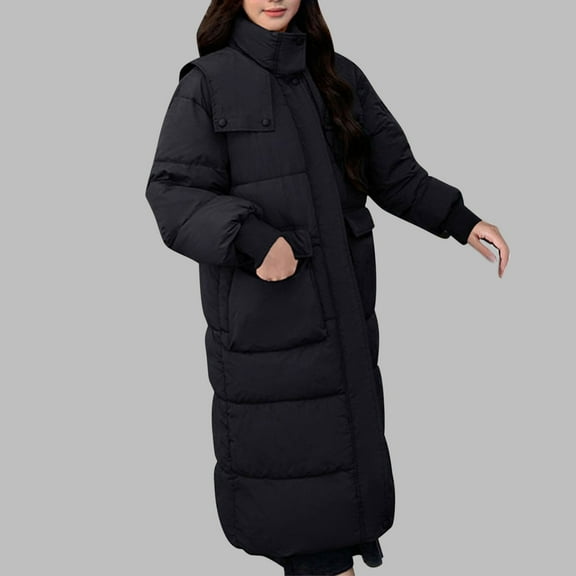 Fartey Winter Long Puffer Coat for Women Full Zip Hooded Padded Coats Loose Casual Solid Color Long Sleeve Jacket Thick Warm Winter Outerwear with Pockets
